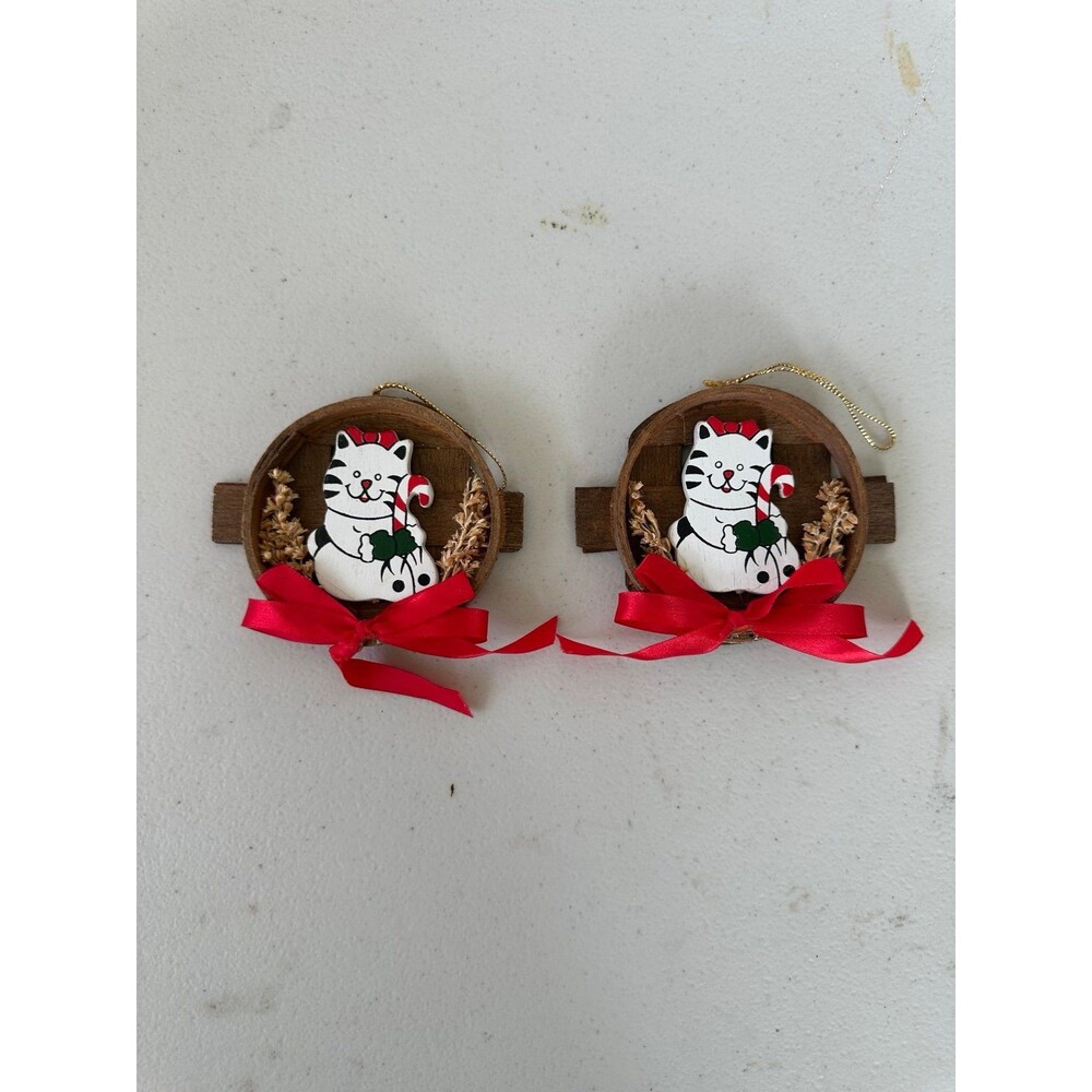 Vtg Crazy Cat Lady Lover Candy Cane Wooden Framed Circle Ornaments Set Of 2